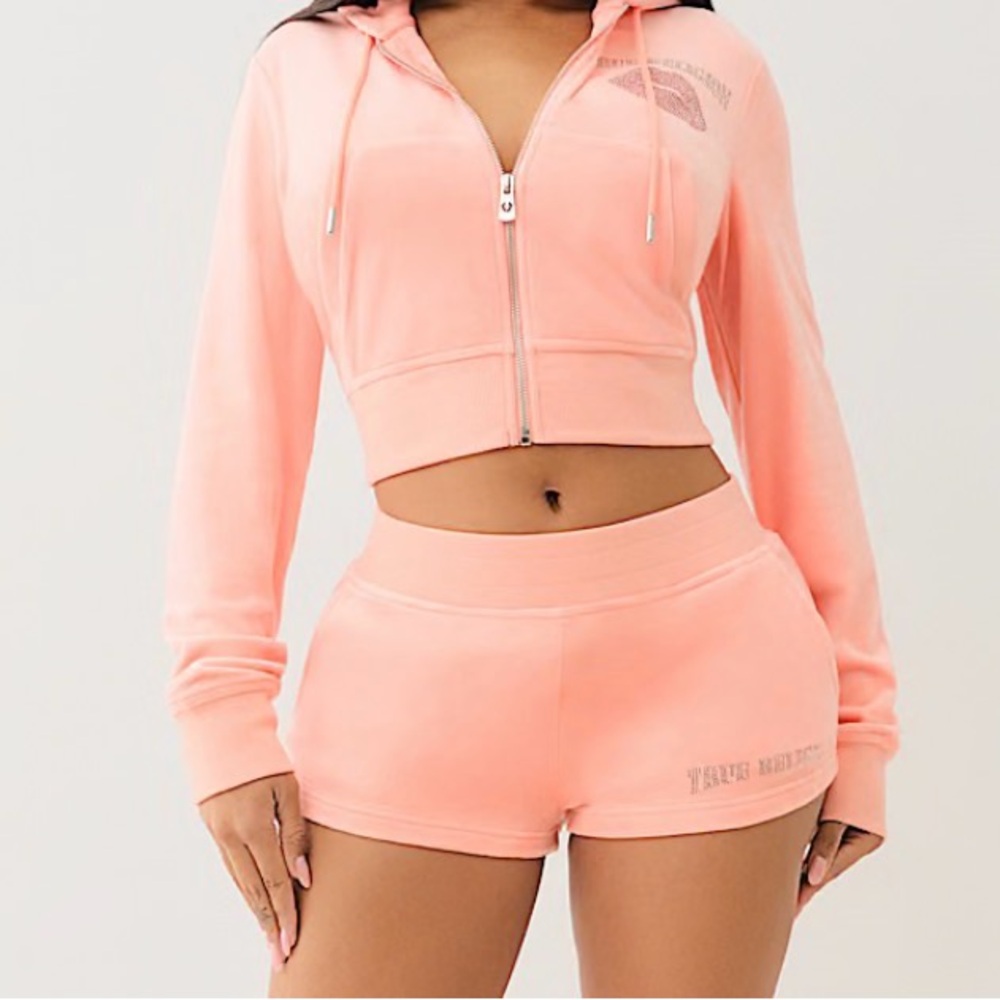 True Religion Pink Hoodie and Shorts Set